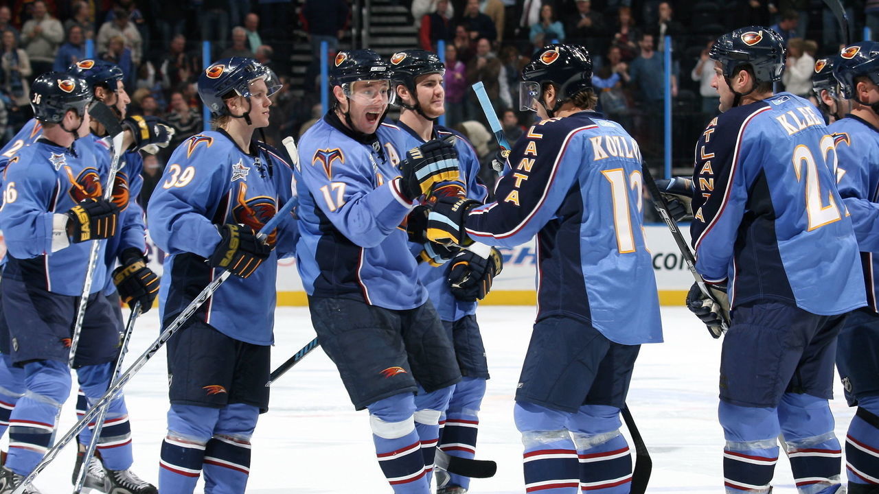 ATLANTA - DECEMBER 5: Ilya Kovalchuk #17 of the Atlanta Thrashers celebrates with Slava Kozlov #13 after scoring the game winning goal in the shootout against the New York Islanders at Philips Arena on December 5, 2007 in Atlanta, Georgia.