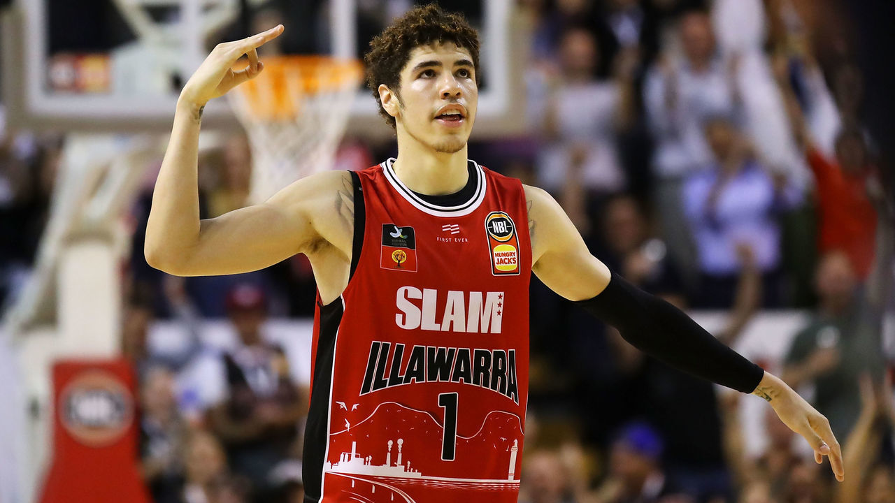 WOLLONGONG, AUSTRALIA - NOVEMBER 25: Lamelo Ball of the Hawks celebrates hitting a three point shot late in the final quarter during the round 8 NBL match between the Illawarra Hawks and the Cairns Taipans at WIN Entertainment Centre on November 25, 2019 in Wollongong, Australia.