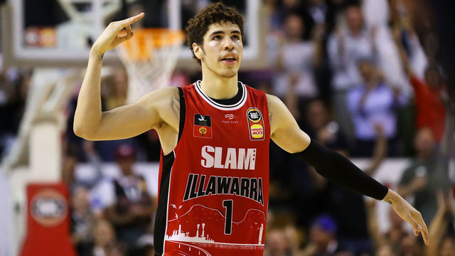 WOLLONGONG, AUSTRALIA - NOVEMBER 25: Lamelo Ball of the Hawks celebrates hitting a three point shot late in the final quarter during the round 8 NBL match between the Illawarra Hawks and the Cairns Taipans at WIN Entertainment Centre on November 25, 2019 in Wollongong, Australia.