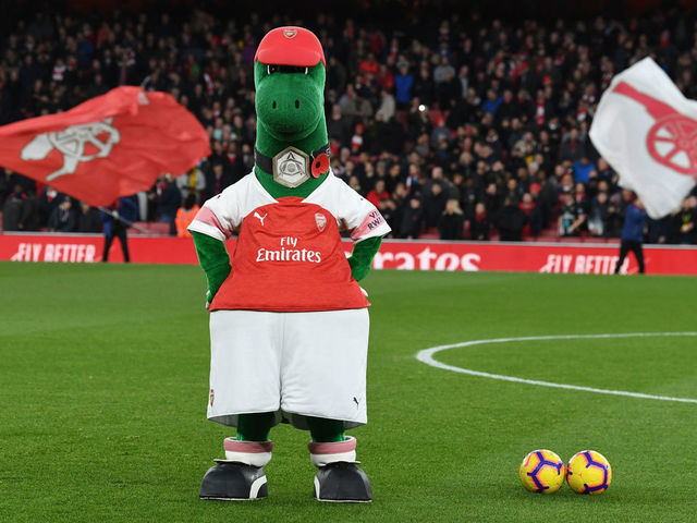 LONDON, ENGLAND - NOVEMBER 11: Arsenal mascot Gunnersaurus before the Premier League match between Arsenal FC and Wolverhampton Wanderers at Emirates Stadium on November 11, 2018 in London, United Kingdom.
