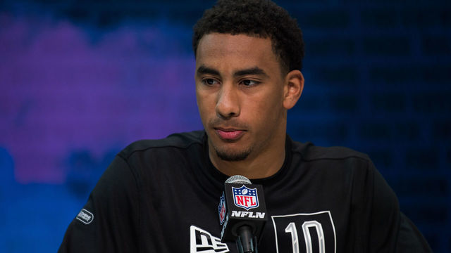 INDIANAPOLIS, IN - FEBRUARY 25: Utah State quarterback Jordan Love answers questions from the media during the NFL Scouting Combine on February 25, 2020 at the Indiana Convention Center in Indianapolis, IN.
