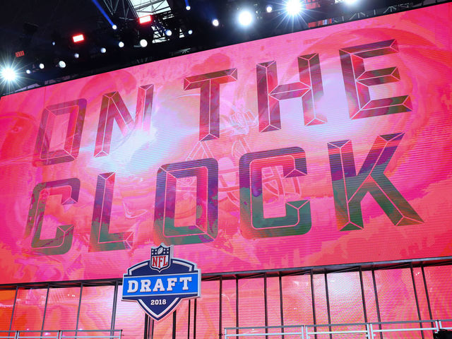 ARLINGTON, TX - APRIL 26: The On the Clock logo on the video board during the first round at the 2018 NFL Draft at AT&T Stadium on April 26, 2018 at AT&T Stadium in Arlington Texas.