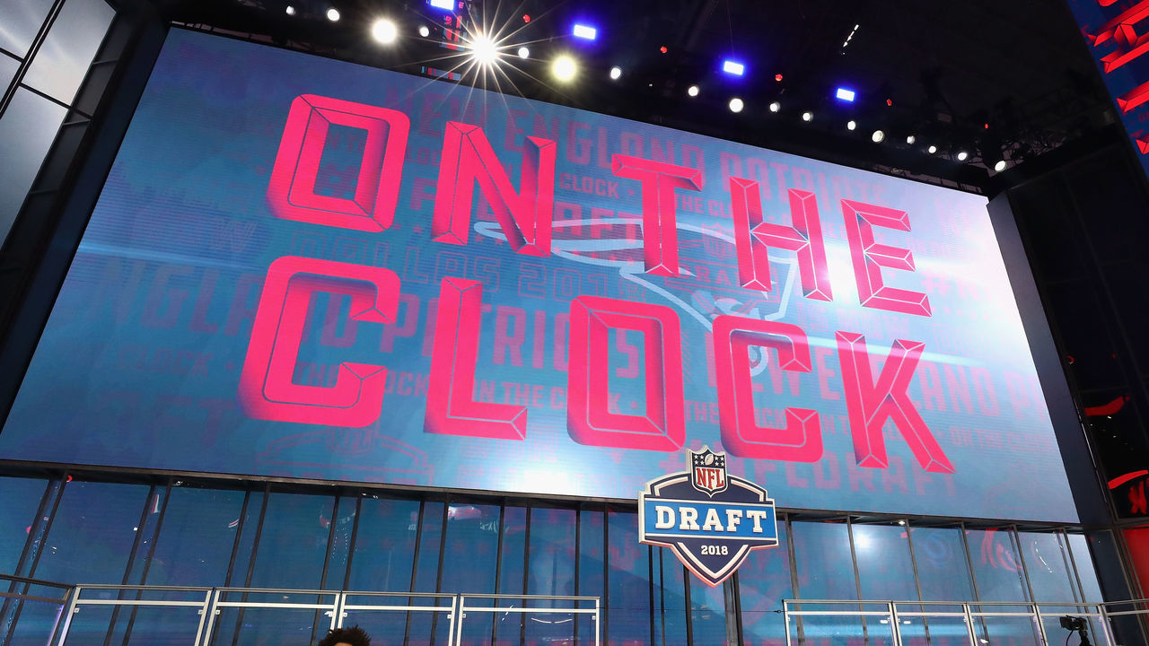 ARLINGTON, TX - APRIL 26: A video board displays the text "ON THE CLOCK" for the New England Patriots during the first round of the 2018 NFL Draft at AT&T Stadium on April 26, 2018 in Arlington, Texas.