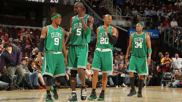 CLEVELAND, OH - MAY 11: Rajon Rondo #9, Kevin Garnett #5, Ray Allen #20 and Paul Pierce #30 of the Boston Celtics walk down court during a victory over the Cleveland Cavaliers in Game Five of the Eastern Conference Semifinals during the 2010 NBA Playoffs on May 11, 2010 at the Quicken Loans Arena in Cleveland, Ohio. Mandatory Copyright Notice: Copyright 2010 NBAE