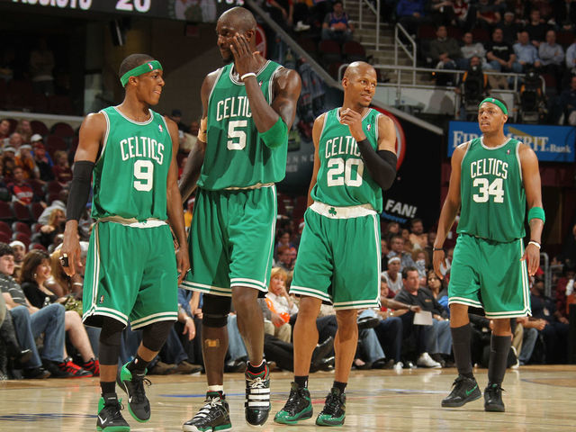 CLEVELAND, OH - MAY 11: Rajon Rondo #9, Kevin Garnett #5, Ray Allen #20 and Paul Pierce #30 of the Boston Celtics walk down court during a victory over the Cleveland Cavaliers in Game Five of the Eastern Conference Semifinals during the 2010 NBA Playoffs on May 11, 2010 at the Quicken Loans Arena in Cleveland, Ohio. Mandatory Copyright Notice: Copyright 2010 NBAE