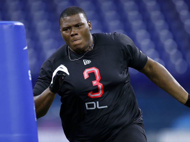 INDIANAPOLIS, IN - FEBRUARY 29: Defensive lineman Derrick Brown of Auburn runs a drill during the NFL Combine at Lucas Oil Stadium on February 29, 2020 in Indianapolis, Indiana.