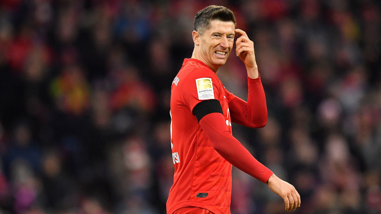 MUNICH, GERMANY - FEBRUARY 21: Robert Lewandowski of Bayern Munich reacts during the Bundesliga match between FC Bayern Muenchen and SC Paderborn 07 at Allianz Arena on February 21, 2020 in Munich, Germany.