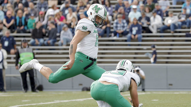 HOUSTON, TX - NOVEMBER 02: Justin Rohrwasser #16 of the Marshall Thundering Herd kicks a field goal in the first half against the Rice Owls on November 2, 2019 in Houston, Texas.
