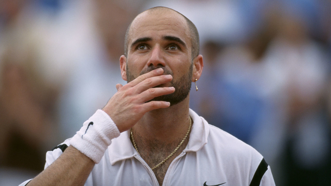 American tennis player Andre Agassi wins the1999 French Open at Roland Garros after defeating Andrei Medvedev of Russia in the Men's Singles final.