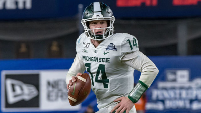BRONX, NY - DECEMBER 27: Michigan State Spartans quarterback Brian Lewerke (14) looks for an open receiver during the second half of the New Era Pinstripe Bowl college football game between the Michigan State Spartans and Wake Forest Demon Deacons on December 27, 2019 at Yankee Stadium in Bronx, NY