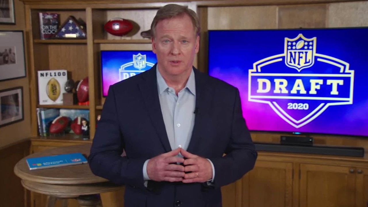 UNSPECIFIED LOCATION - APRIL 23: (EDITORIAL USE ONLY) In this still image from video provided by the NFL, NFL Commissioner Roger Goodell speaks from his home in Bronxville, New York during the first round of the 2020 NFL Draft on April 23, 2020.