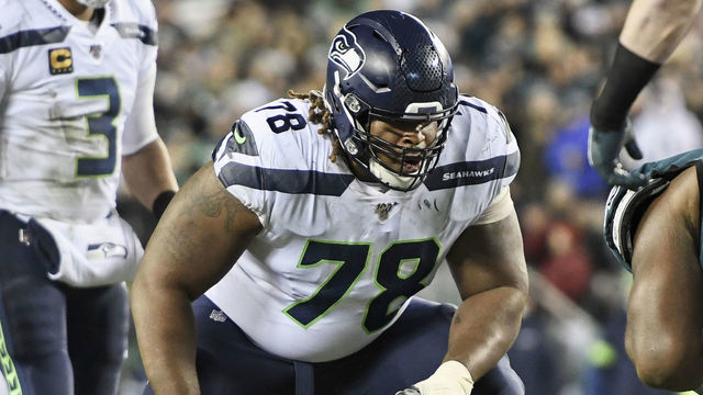 PHILADELPHIA, PA - JANUARY 05: Seattle Seahawks offensive guard D.J. Fluker (78) waits for the snap during the Playoff game between the Seattle Seahawks and the Philadelphia Eagles on January 5, 2020, at Lincoln Financial Filed in Philadelphia, PA.