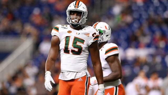 MIAMI, FLORIDA - NOVEMBER 23: Gregory Rousseau #15 of the Miami Hurricanes in action against the FIU Golden Panthers in the first half at Marlins Park on November 23, 2019 in Miami, Florida.