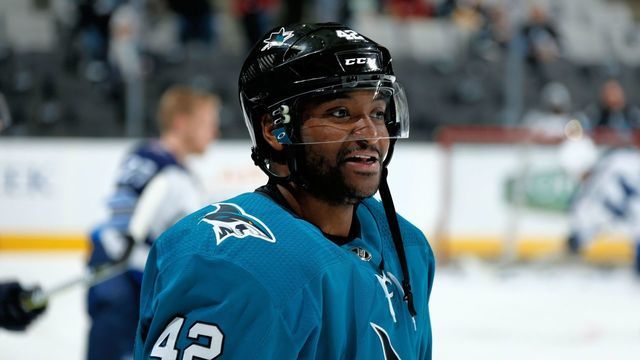 SAN JOSE, CA - JANUARY 23: Joel Ward #42 of the San Jose Sharks looks on during a NHL game against the Winnipeg Jets at SAP Center on January 23, 2018 in San Jose, California.