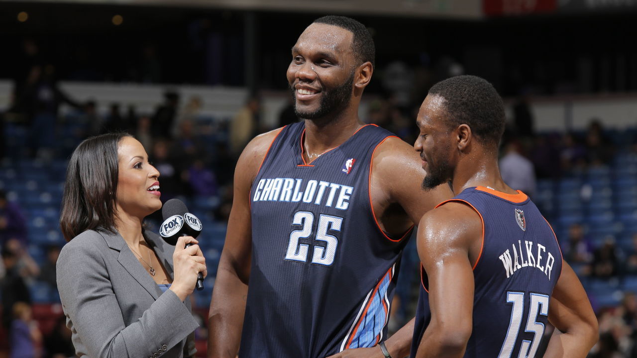 SACRAMENTO, CA - JANUARY 4: Al Jefferson #25 and Kemba Walker #15 of the Charlotte Bobcats are interviewed after defeating the Sacramento Kings on January 4, 2014 at Sleep Train Arena in Sacramento, California. NOTE TO USER: User expressly acknowledges and agrees that, by downloading and or using this photograph, User is consenting to the terms and conditions of the Getty Images Agreement. Mandatory Copyright Notice: Copyright 2014 NBAE
