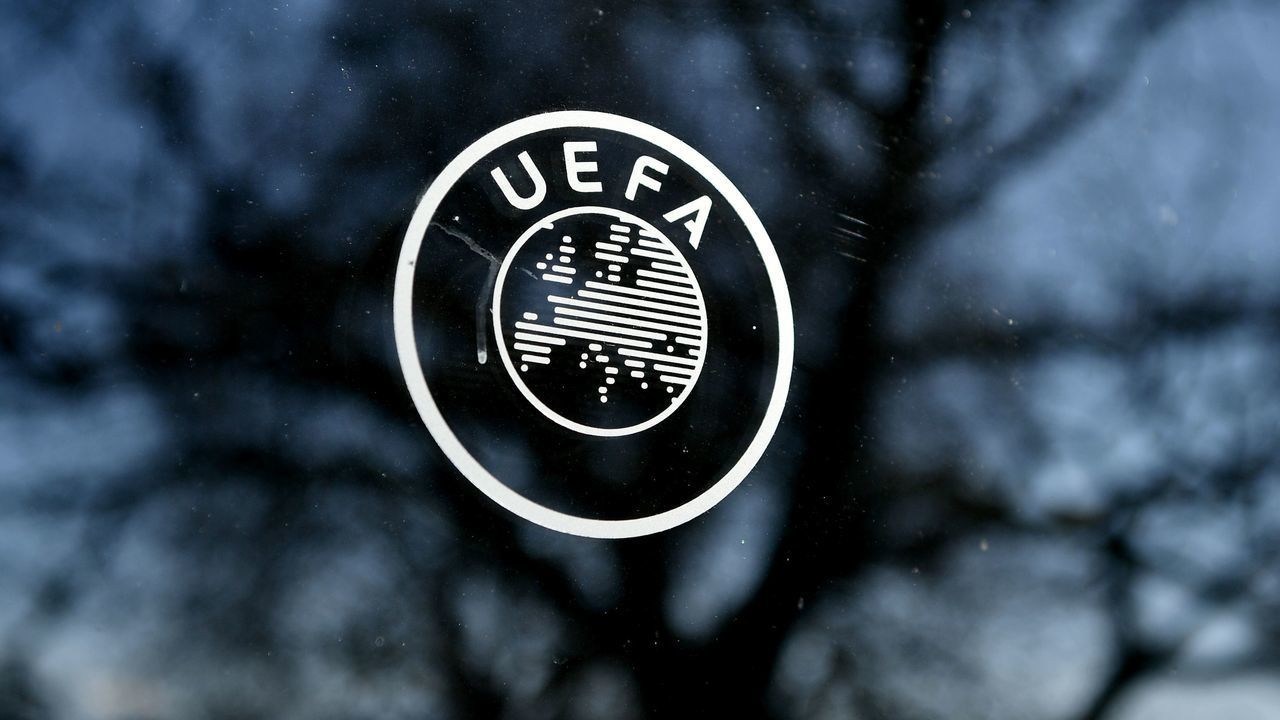 This picture shows the UEFA logo at the organization's headquarters in Nyon on Febraury 28, 2020.