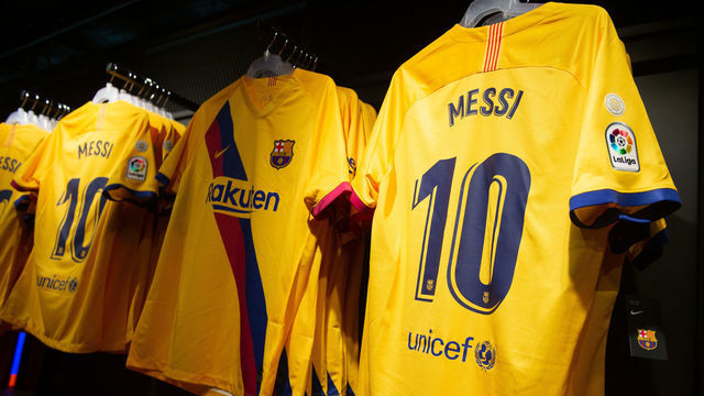 Barcelona FC's new away kit is displayed at the Spanish club's official store in Barcelona on August 2, 2019.