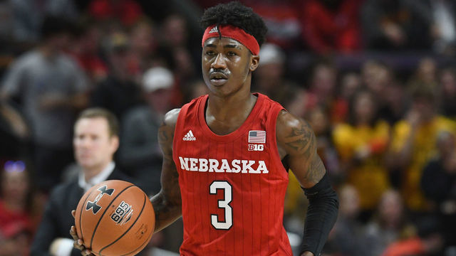 COLLEGE PARK, MD - FEBRUARY 11: Cam Mack #3 of the Nebraska Cornhuskers handles the ball against the Maryland Terrapins at Xfinity Center on February 11, 2020 in College Park, Maryland.