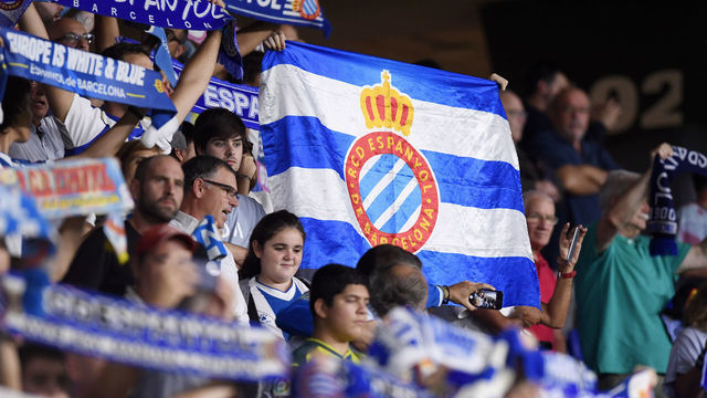 BARCELONA, SPAIN - SEPTEMBER 19: Espanyol Barcelona flag is seen prior to the UEFA Europa League group H match between Espanyol Barcelona and Ferencvarosi TC at Power8 Stadium on September 19, 2019 in Barcelona, Spain.