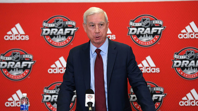 CHICAGO, IL - JUNE 23: President and CEO of the Chicago Blackhawks John McDonough talks with the media prior to the first round of the 2017 NHL Draft on June 23, 2017, at the United Center, in Chicago, IL.