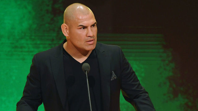 LAS VEGAS, NEVADA - OCTOBER 11: Former UFC heavyweight champion Cain Velasquez (L) speaks as WWE wrestler Rey Mysterio looks on at a WWE news conference at T-Mobile Arena on October 11, 2019 in Las Vegas, Nevada. Velasquez will face WWE champion Brock Lesnar and WWE wrestler Braun Strowman will take on heavyweight boxer Tyson Fury at the WWE's Crown Jewel event at Fahd International Stadium in Riyadh, Saudi Arabia on October 31.