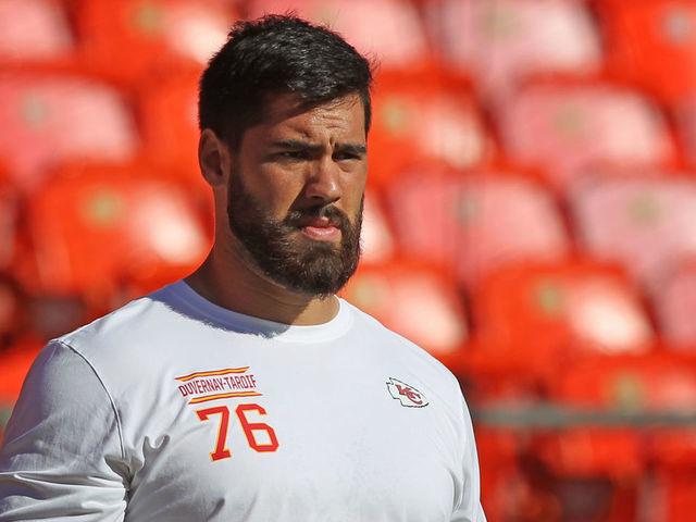 KANSAS CITY, MO - SEPTEMBER 23: Kansas City Chiefs offensive tackle Laurent Duvernay-Tardif (76) before a week 3 NFL game between the San Francisco 49ers and Kansas City Chiefs on September 23, 2018 at Arrowhead Stadium in Kansas City, MO.