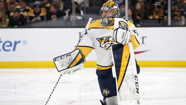 BOSTON, MA - DECEMBER 21: Nashville Predators goalie Pekka Rinne (35) rests during a game between the Boston Bruins and the Nashville Predators on December 21, 2019, at TD Garden in Boston, Massachusetts.