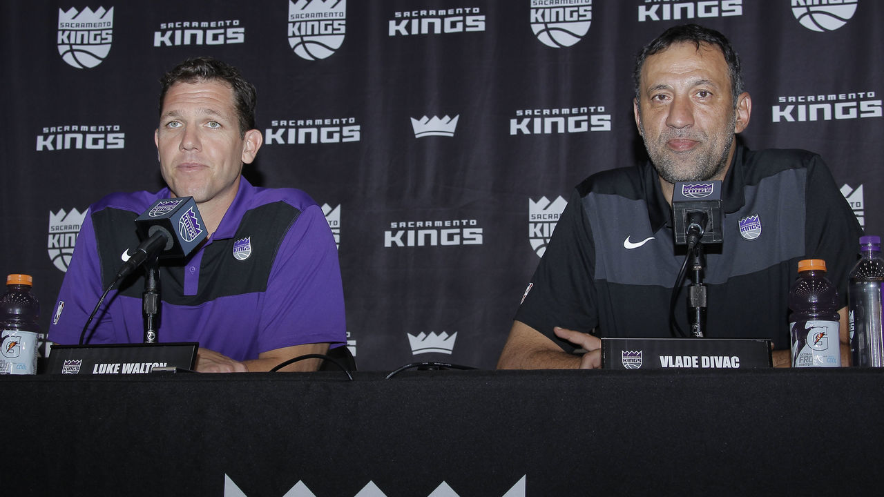 SACRAMENTO, CA - APRIL 15 : Vlade Divac introduces Luke Walton as the new Head Coach of the Sacramento Kings at a press conference on April 15, 2019 at the Golden 1 Center in Sacramento, California. NOTE TO USER: User expressly acknowledges and agrees that, by downloading and/or using this Photograph, user is consenting to the terms and conditions of the Getty Images License Agreement. Mandatory Copyright Notice: Copyright 2019 NBAE
