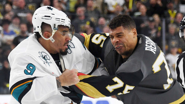 LAS VEGAS, NEVADA - APRIL 14: Evander Kane #9 of the San Jose Sharks and Ryan Reaves #75 of the Vegas Golden Knights fight in the third period of Game Three of the Western Conference First Round during the 2019 NHL Stanley Cup Playoffs at T-Mobile Arena on April 14, 2019 in Las Vegas, Nevada. The Golden Knights defeated the Sharks 6-3 to take a 2-1 lead in the series.