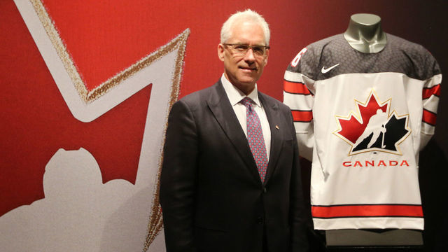TORONTO, ON- AUGUST 2 - Head of Hockey Canada Thomas "Tom" Renney shows off the new Team Canada Jersey. Rows of Maple Leaf icons fill the jersey's shoulder caps. The jersey also sports the Canada 150 logo. The Jersey is made with ripstop fabric to resist ripping. Nike unveils a new hockey jersey design for the National Team programs leading into the World Cup of Hockey in Toronto. August 2, 2016. (Steve Russell/Toronto Star via Getty Images)