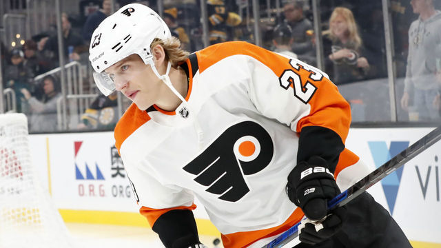 BOSTON, MA - NOVEMBER 10: Philadelphia Flyers left wing Oskar Lindblom (23) skates in warm up before a game between Boston Bruins and the Philadelphia Flyers on November 10, 2019, at TD Garden in Boston, Massachusetts.
