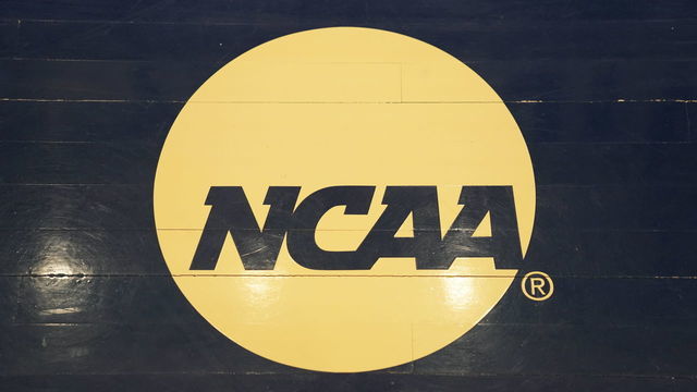 WASHINGTON, DC - MARCH 03: The NCAA logo on the floor during a Atlantic 10 Women's Basketball Tournament - First Round college basketball game between the Richmond Spiders and the George Washington Colonials at the Smith Center on March 3, 2020 in Washington, DC.