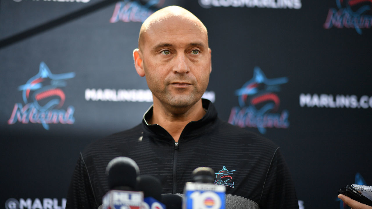 JUPITER, FLORIDA - FEBRUARY 24: Derek Jeter, CEO of the Miami Marlins speaks with the media at the Miami Marlins spring training complex at Roger Dean Chevrolet Stadium on February 24, 2020 in Jupiter, Florida.