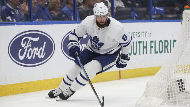 TAMPA, FL - FEBRUARY 25: Toronto Maple Leafs defenseman Jake Muzzin (8) skates during the NHL game between the Toronto Maple Leafs and Tampa Bay Lightning on February 25, 2020 at Amalie Arena in Tampa, FL.