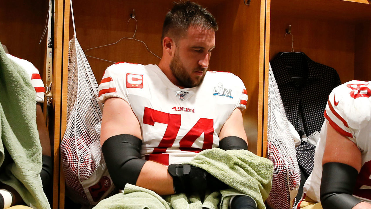 MIAMI, FLORIDA - FEBRUARY 2: Joe Staley #74 and Mike McGlinchey #69 of the San Francisco 49ers sit in the locker room before the game against the Kansas City Chiefs in Super Bowl LIV at Hard Rock Stadium on February 2, 2020 in Miami, Florida. The Chiefs defeated the 49ers 31-20.