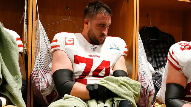 MIAMI, FLORIDA - FEBRUARY 2: Joe Staley #74 and Mike McGlinchey #69 of the San Francisco 49ers sit in the locker room before the game against the Kansas City Chiefs in Super Bowl LIV at Hard Rock Stadium on February 2, 2020 in Miami, Florida. The Chiefs defeated the 49ers 31-20.