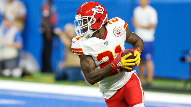 DETROIT, MI - SEPTEMBER 29: Kansas City Chiefs cornerback Bashaud Breeland (21) runs with the ball for a 100-yard touchdown after recovering a fumble during the third quarter of a regular season game between the Kansas City Chiefs and the Detroit Lions on September 29, 2019 at Ford Field in Detroit, Michigan.