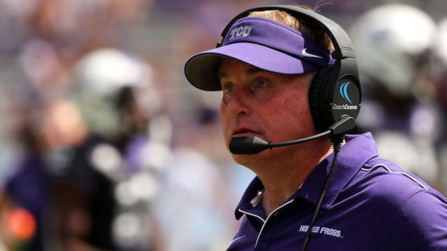 FORT WORTH, TEXAS - SEPTEMBER 28: Head coach Gary Patterson of the TCU Horned Frogs in the game against the Kansas Jayhawks at Amon G. Carter Stadium on September 28, 2019 in Fort Worth, Texas.