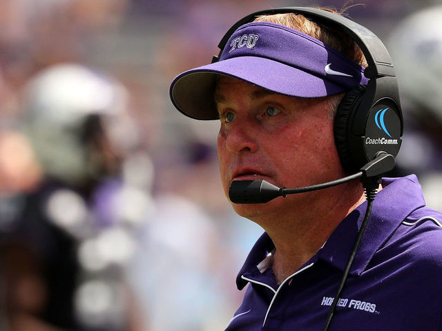 FORT WORTH, TEXAS - SEPTEMBER 28: Head coach Gary Patterson of the TCU Horned Frogs in the game against the Kansas Jayhawks at Amon G. Carter Stadium on September 28, 2019 in Fort Worth, Texas.