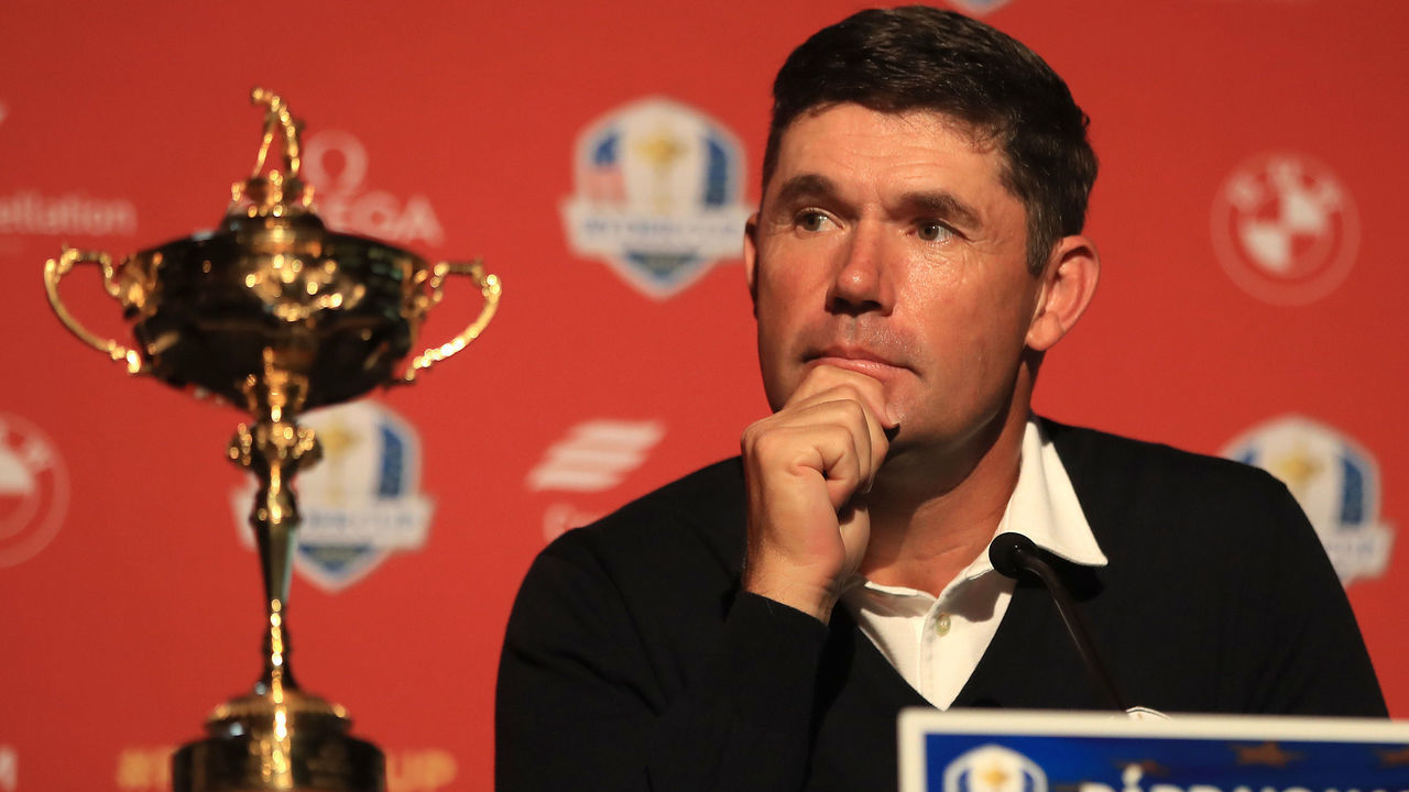 KOHLER, WISCONSIN - OCTOBER 01: European Captain Padraig Harrington speaks during a press conference at the Ryder Cup 2020 Year to Go media event at Whistling Straits Golf Course on October 1, 2019 in Kohler, United States.