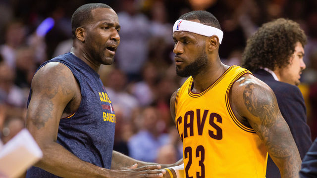 CLEVELAND, OH - MAY 6: Kendrick Perkins #3 celebrates with LeBron James #23 of the Cleveland Cavaliers in the first half against the Chicago Bulls during Game Two in the Eastern Conference Semifinals of the 2015 NBA Playoffs 2015 at Quicken Loans Arena on May 6, 2015 in Cleveland, Ohio.