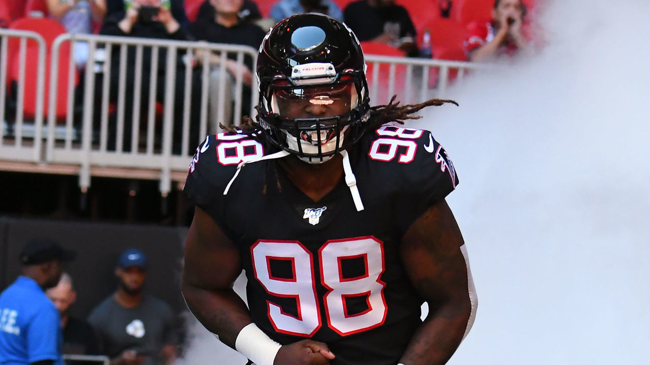 ATLANTA, GA - OCTOBER 27: Atlanta Falcons Defensive End Takkarist McKinley (98) sprints onto the field before the NFL game between the Seattle Seahawks and the Atlanta Falcons on October 27, 2019, at Mercedes-Benz Stadium in Atlanta, GA.