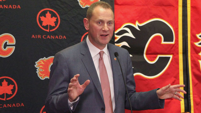 CALGARY, AB - APRIL 28: General Manager Brad Treliving of the Calgary Flames discusses his plans for the team's future at Scotiabank Saddledome on April 28, 2014 in Calgary, Alberta, Canada.