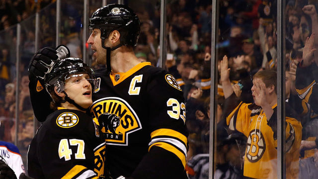BOSTON, MA - FEBRUARY 1: Torey Krug #47 of the Boston Bruins celebrates his goal with Zdeno Chara #33 against the Edmonton Oilers in the 3rd period at TD Garden on February 1, 2014 in Boston, Massachusetts.