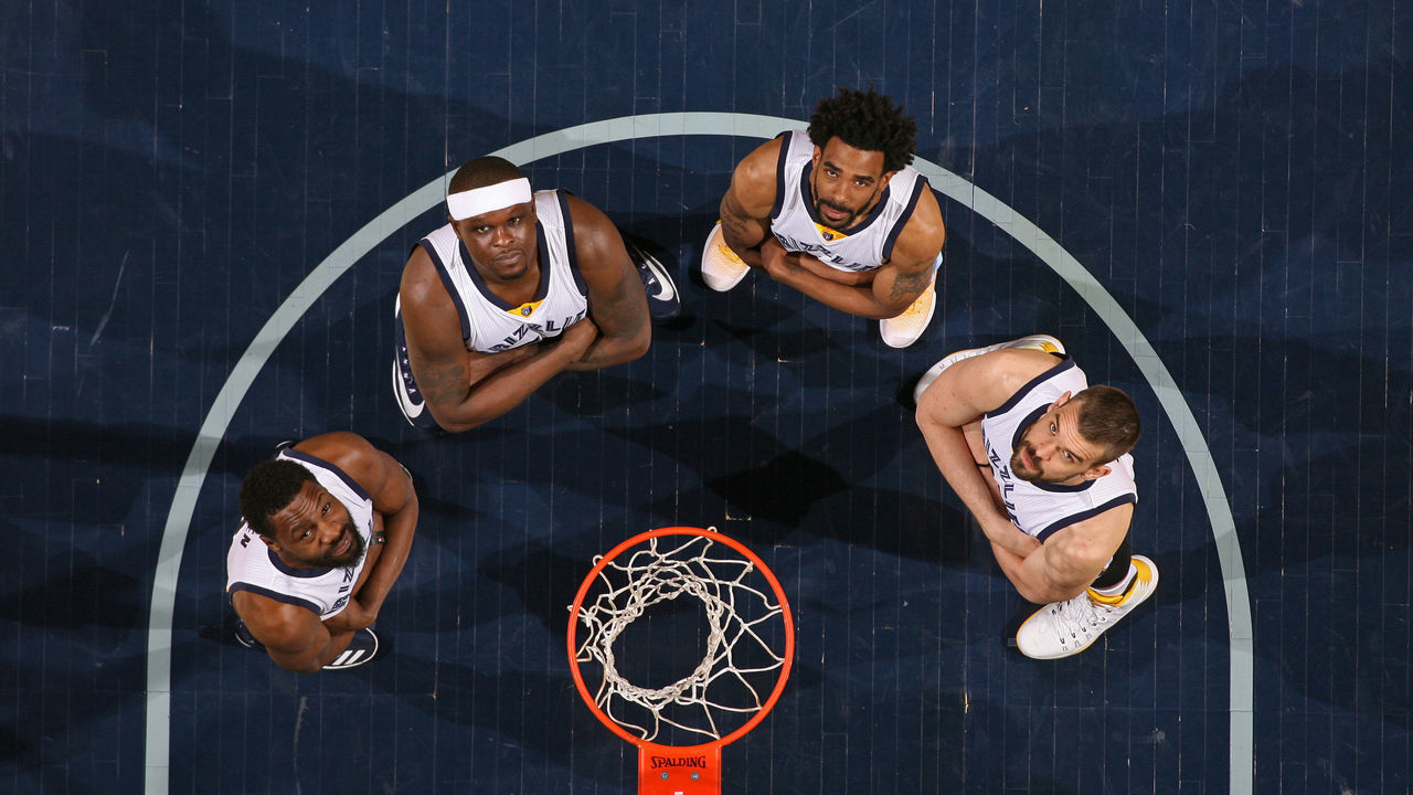 MEMPHIS, TN - APRIL 12: Tony Allen #9, Zach Randolph #50, Mike Conley #11 and Marc Gasol #33 of the Memphis Grizzlies pose for a group shot on April 11, 2017 at FedEx Forum in Memphis, Tennessee. NOTE TO USER: User expressly acknowledges and agrees that, by downloading and/or using this photograph, user is consenting to the terms and conditions of the Getty Images License Agreement. Mandatory Copyright Notice: Copyright 2017 NBAE
