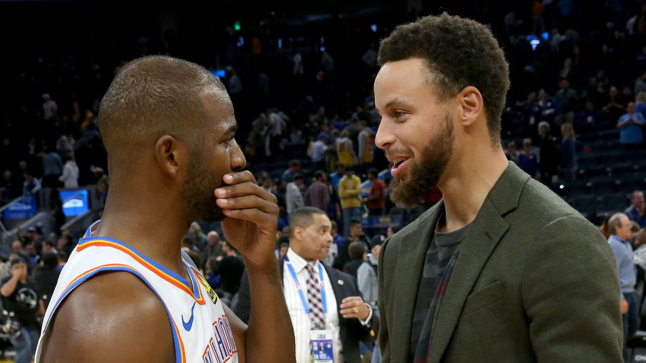 SAN FRANCISCO, CA: NOVEMBER 25: Golden State Warriors' Stephen Curry talks with Oklahoma City Thunder's Chris Paul #3 after the Thunder's 100-97 win during their NBA game at the Chase Center on Monday, Nov. 25, 2019. (Jane Tyska/Digital First Media/The Mercury News via Getty Images)