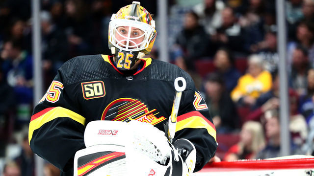 VANCOUVER, BC - FEBRUARY 10: Vancouver Canucks Goalie Jacob Markstrom (25) on ice against the Nashville Predators during their NHL game at Rogers Arena on February 10, 2020 in Vancouver, British Columbia, Canada.