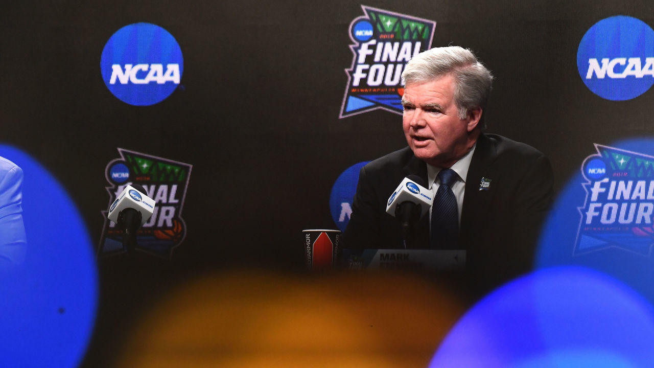 MINNEAPOLIS, MINNESOTA - APRIL 04: President of the National Collegiate Athletic Association Mark Emmert speaks to the media ahead of the Men's Final Four at U.S. Bank Stadium on April 04, 2019 in Minneapolis, Minnesota.