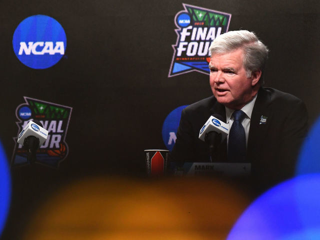 MINNEAPOLIS, MINNESOTA - APRIL 04: President of the National Collegiate Athletic Association Mark Emmert speaks to the media ahead of the Men's Final Four at U.S. Bank Stadium on April 04, 2019 in Minneapolis, Minnesota.