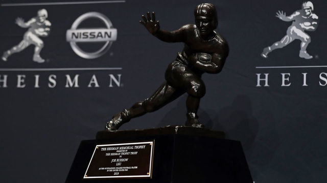 NEW YORK, NY - DECEMBER 14: The trophy presented to Quarterback Joe Burrow of the LSU Tigers winner of the 85th annual Heisman Memorial Trophy is seen on December 14, 2019 at the Marriott Marquis in New York City.
